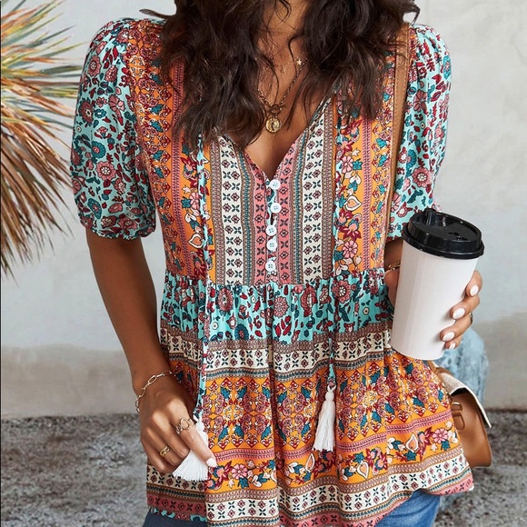 🧡 BOHO BLUE ORANGE MULTI FLORAL LOOSE FIT TOP! - Picture 2 of 8